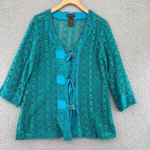 Multiples Sweater Women Small Green Open Knit Cardigan Ribbon Lattice 3/4 Sleeve